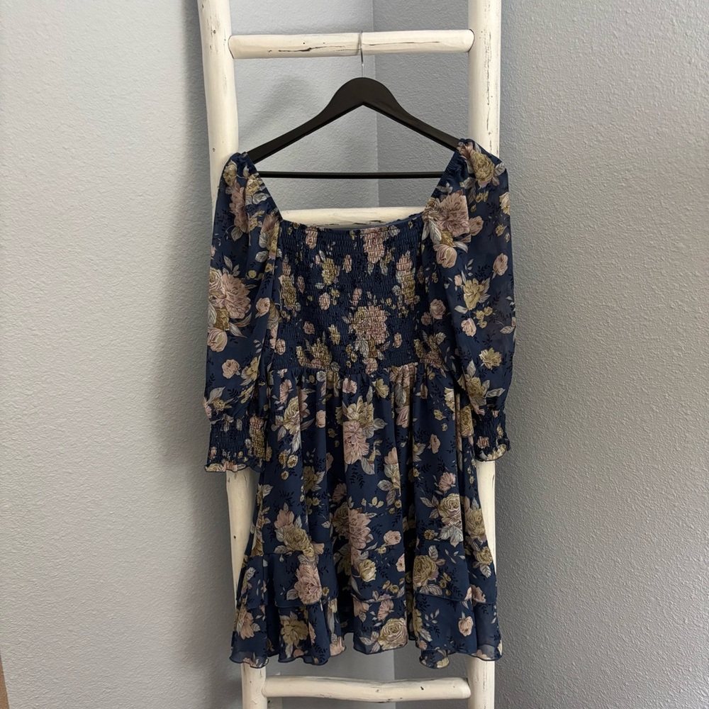 Blue Floral Smocked Ruffle Off Shoulder Lined Mini Dress Size S